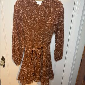She + Sky Brown Long Sleeve Dress with White Dots